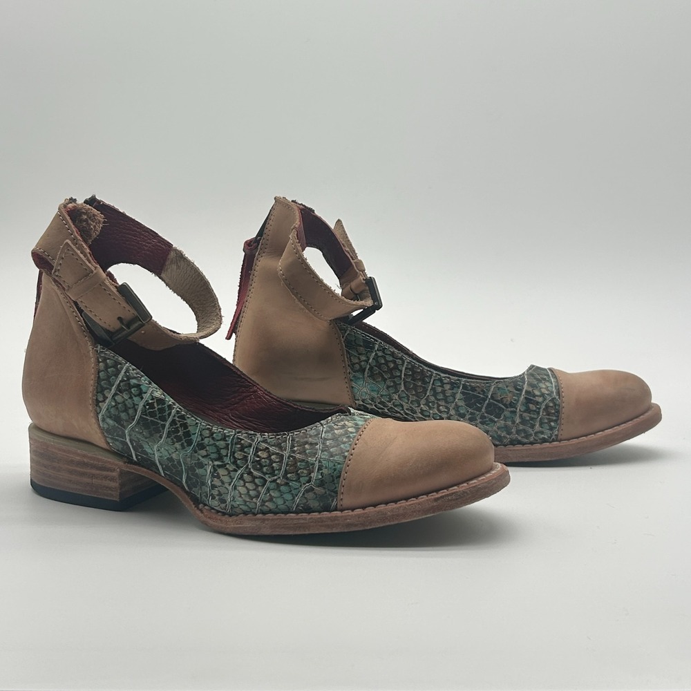 Freebird Steven Marilyn Tan Turquoise Snake Leather Ankle Strap Flats Womens 6 - Picture 4 of 9